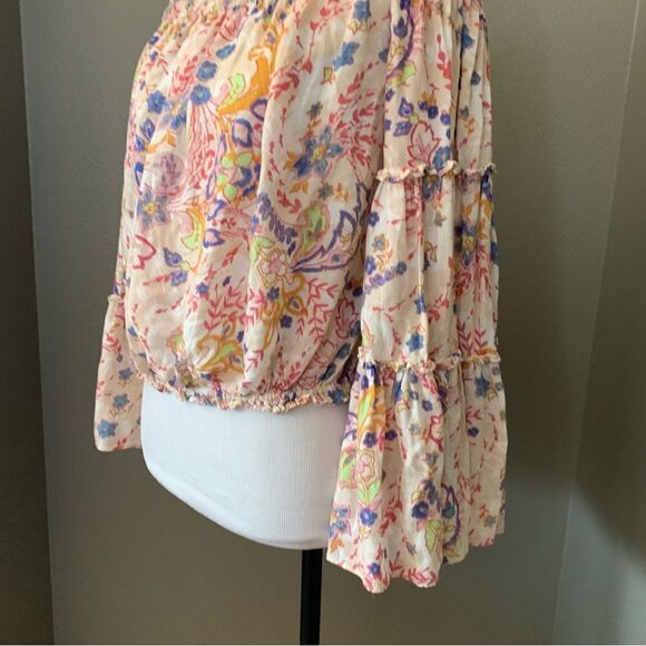 Free People Boho Off Shoulder Bell Sleeve Smocked Floral Blouse - Picture 6 of 14